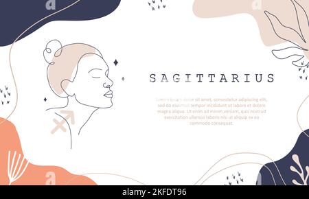 Sagittarius zodiac sign. One line drawing. Astrological icon with abstract woman face. Mystery and esoteric outline background. Astrology horizontal Stock Vector