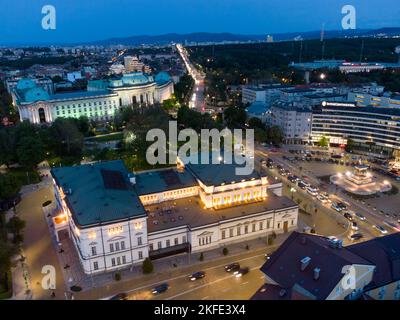 Evening view with a drone over the building of the National Assembly, University and Hotel in the center of the capital of Bulgaria, Sofia Stock Photo