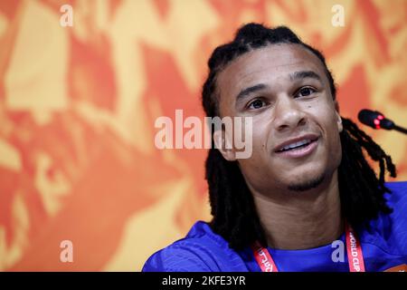 DOHA - Qatar, 18/11/2022, Nathan Ake during a media moment of the Dutch national team at the Qatar University training complex on November 18, 2022 in Doha, Qatar. The Dutch national team is preparing for the opening game during the World Cup in Qatar against Senegal. ANP KOEN VAN WEEL Stock Photo