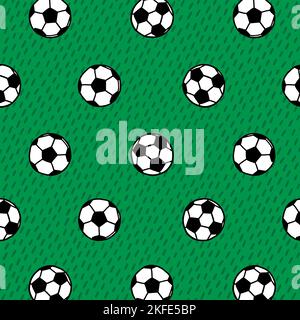 Hand drawn vector illustration of soccer ball on football field pattern in cartoon style. Stock Vector