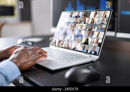 Online Video Conference Webinar On Laptop Computer Stock Photo