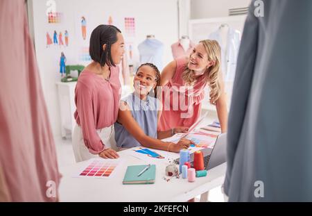 Designer, fashion collaboration team and women working on a creative dress design, color palette choice and group diversity. Seamstress, tailor and Stock Photo