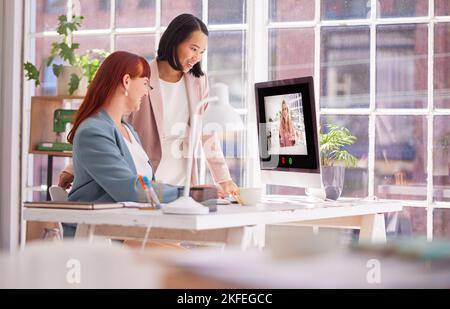 Video call, online meeting and planning with business people and computer for consulting, conference and global. Technology, internet and digital with Stock Photo