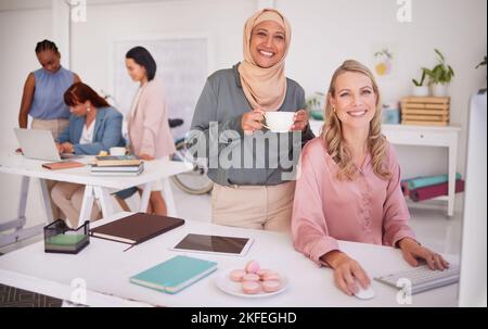 Business diversity, creative collaboration and women office employees working together on digital marketing, design and advertising project. Startup Stock Photo