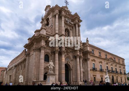 Syracuse cathedral built on top of a Greek temple. Doric columns can be appreciated on the walls. Sicily. Italy. Stock Photo