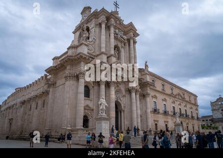 Syracuse cathedral built on top of a Greek temple. Doric columns can be appreciated on the walls. Sicily. Italy. Stock Photo