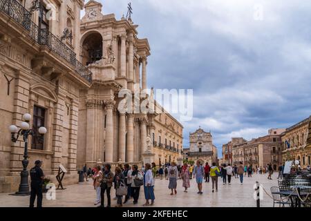 Syracuse cathedral built on top of a Greek temple. Doric columns can be appreciated in the inside. Sicily. Italy. Stock Photo