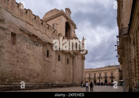 Syracuse cathedral built on top of a Greek temple. Doric columns can be appreciated on the walls. Sicily. Italy. Stock Photo