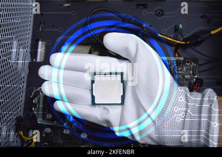 Picture of a hand wearing white gloves with a CPU chip placed on it. Stock Photo