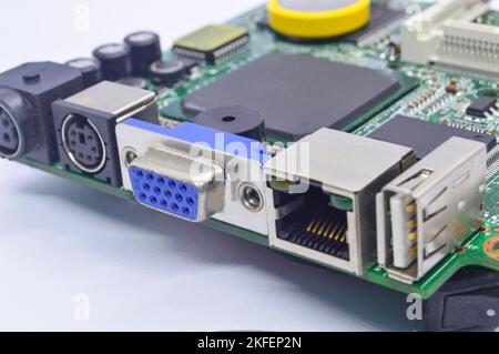 Close-up side view of the motherboard, seeing the various ports. Stock Photo