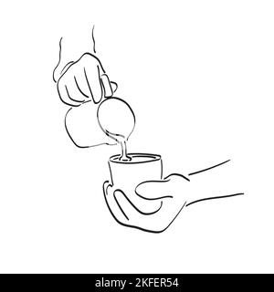 Barista pouring milk on coffee to make latte art illustration vector hand drawn isolated on white background line art. Stock Vector