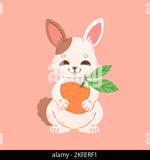Happy Chinese new year greeting card 2023 with cute rabbit with mandarin. 2023 CNY card. Vector Stock Vector