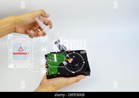 Concept When computer data is infected with a virus, it can be difficult to fix. Stock Photo