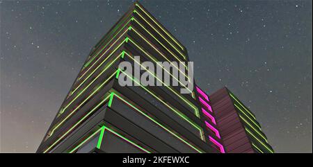 Bottom view of a low-rise advanced hotel against the backdrop of the night starry sky. Good highlight to buy an apartment in the USA. 3d rendering. Stock Photo