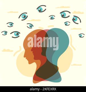 Panic of chase and Inner fears concept. Young stressed woman standing feeling invisible eyes around her feeling panic and nervous problems vector illu Stock Vector