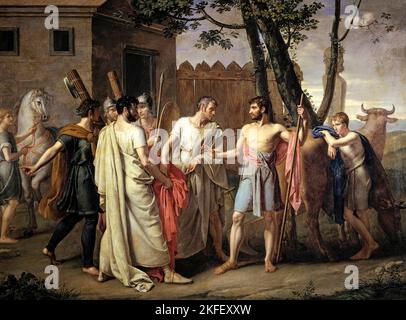 Cincinnatus Leaves the Plough to Dictate Laws to Rome [Cincinato abandona el arado para dictar leyes a Roma] by Spanish artist Juan Antonio Ribera painted in 1806 showing senators appointing Lucius Quinctius Cincinnatus as dictator to restore order in 458BC and again in 439BC. Stock Photo