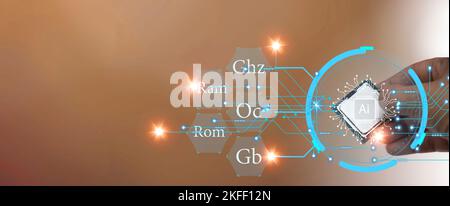Concept AI CPU placed on a brown background, components have ram rom speed customization Stock Photo