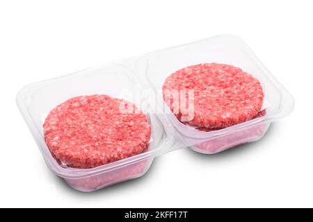 Beef burgers in plastic container isolated on white Stock Photo