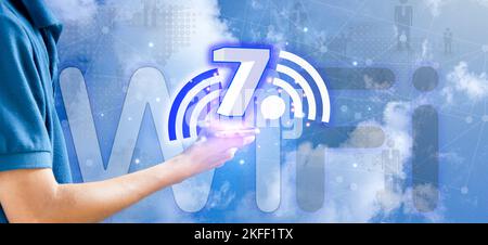 Concept of Wi-Fi 7 or Wi-Fi 7 development, high-speed connection Stock Photo