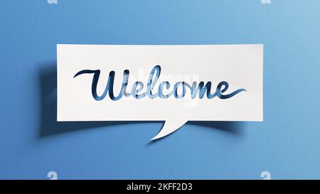 Welcome greeting card for invitation, express hospitality, greet, show acceptance. White paper speech bubble cutout on blue background. Calligraphic t Stock Photo