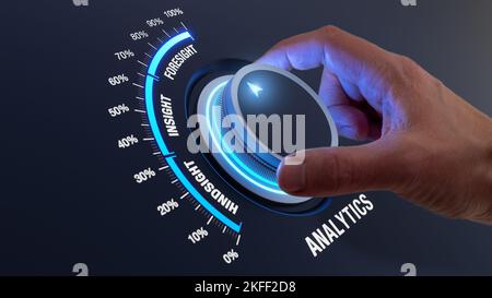 Predictive analytics implementation with hand turning knob from insight to foresight. Systemic data analysis and statistics for decision making, busin Stock Photo