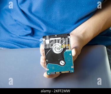 Men hold hard drives, hard drives are still popular today. Stock Photo