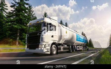 Hydrogen logistics concept. Truck with gas tank trailer on the forest road. New Energy concept image Stock Photo