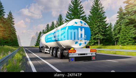 Hydrogen gas tank trailer truck on the road. New Energy Hydrogen gas transportation concept image Stock Photo