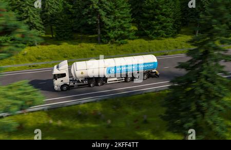 Truck with Hydrogen gas tank trailer on the road. New Energy Hydrogen gas transportation concept image Stock Photo