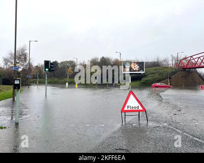 A general view of flooding in Edinburgh, as an amber weather warning in eastern Scotland has been extended as heavy rain drenches parts of the country, with flooding leading to school closures and disruption on roads and railways. The amber 'heavy rain' alert, covering Aberdeen, Aberdeenshire, Angus and Perth and Kinross, warns some fast-flowing or deep floodwater is likely, 'causing danger to life'. Picture date: Friday November 18, 2022. Stock Photo