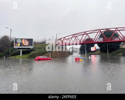 A general view of flooding in Edinburgh, as an amber weather warning in eastern Scotland has been extended as heavy rain drenches parts of the country, with flooding leading to school closures and disruption on roads and railways. The amber 'heavy rain' alert, covering Aberdeen, Aberdeenshire, Angus and Perth and Kinross, warns some fast-flowing or deep floodwater is likely, 'causing danger to life'. Picture date: Friday November 18, 2022. Stock Photo