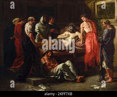 Last Words of the Emperor Marcus Aurelius by French Romantic artist Eugène Delacroix (1798-1863) painted in 1844 showing Roman Emperor Marcus Aurelius on his death bed in 180AD clutching his son Commodus. Stock Photo