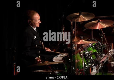 Unit leader and U.S. Navy Band Country Current drummer Chief Musician Tina Catalanotto, from Slidell, La., performs at Lipscomb University in Nashville, Tenn., while on the band’s 2022 national tour covering three states and 1100 miles. Stock Photo