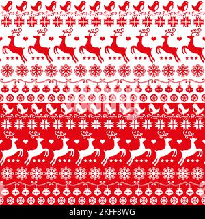Christmas folk art vector seamless pattern set with birds, reindeer and snowflakes, Scandinavian style red and white wallpaper, textile or fabric prin Stock Vector