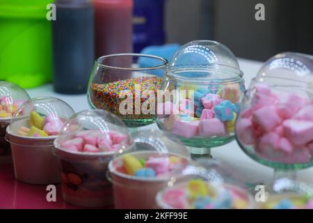 five-color cotton candy, multi-colored nuggets in ho thi ky street food, ho chi minh city Stock Photo