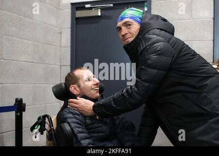 Former Leeds Rhinos player Rob Burrow (left) supports Kevin Sinfield during day six of the Ultra 7 in 7 Challenge from to York to Bradford. The former Leeds captain is set to complete seven ultra-marathons in as many days in aid of research into Motor Neurone Disease, finishing by running into Old Trafford at half-time of the Rugby League World Cup tournament's finale on November 19. Picture date: Friday November 18, 2022. Stock Photo