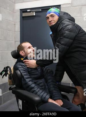 Former Leeds Rhinos player Rob Burrow (left) supports Kevin Sinfield during day six of the Ultra 7 in 7 Challenge from to York to Bradford. The former Leeds captain is set to complete seven ultra-marathons in as many days in aid of research into Motor Neurone Disease, finishing by running into Old Trafford at half-time of the Rugby League World Cup tournament's finale on November 19. Picture date: Friday November 18, 2022. Stock Photo