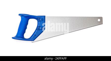 Steel hand saw with plastic blue handle isolated on white, top view Stock Photo