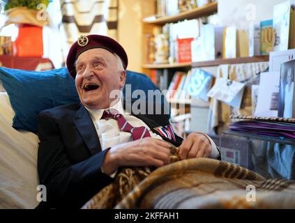 Peter Colthup, a WWII veteran with the Glider Pilot Regiment who celebrated his 100th birthday on Thursday, after he received the Dutch Liberation Medal and the Market Garden Medal, at his home in Whitstable. Picture date: Friday November 18, 2022. Stock Photo