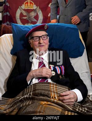 Peter Colthup, a WWII veteran with the Glider Pilot Regiment who celebrated his 100th birthday on Thursday, after he received the Dutch Liberation Medal and the Market Garden Medal, at his home in Whitstable. Picture date: Friday November 18, 2022. Stock Photo