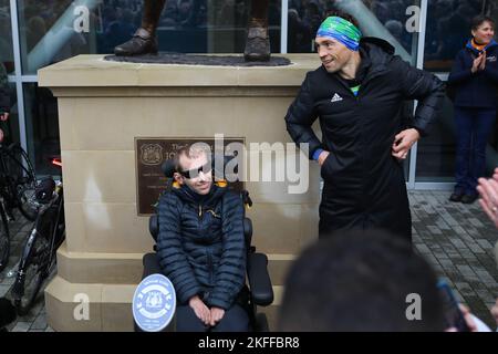 Former Leeds Rhinos player Rob Burrow (left) supports Kevin Sinfield during day six of the Ultra 7 in 7 Challenge from to York to Bradford. The former Leeds captain is set to complete seven ultra-marathons in as many days in aid of research into Motor Neurone Disease, finishing by running into Old Trafford at half-time of the Rugby League World Cup tournament's finale on November 19. Picture date: Friday November 18, 2022. Stock Photo