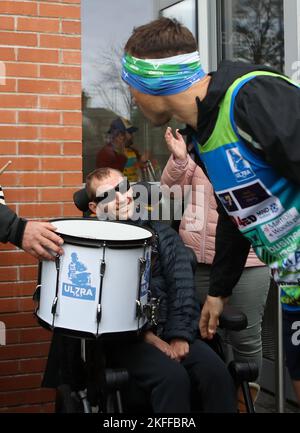 Former Leeds Rhinos player, Rob Burrow (left) with Kevin Sinfield during day six of the Ultra 7 in 7 Challenge from to York to Bradford. The former Leeds captain is set to complete seven ultra-marathons in as many days in aid of research into Motor Neurone Disease, finishing by running into Old Trafford at half-time of the Rugby League World Cup tournament's finale on November 19. Picture date: Friday November 18, 2022. Stock Photo