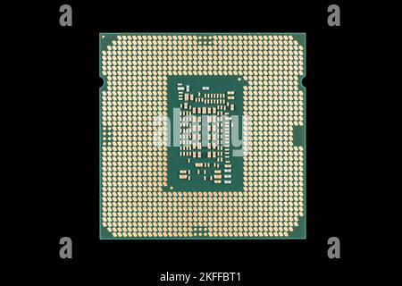 Top view computer processor isolated on black background. CPU. Central processor unit. Computer hardware technology. Integrated communication processo Stock Photo