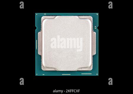 Top view computer processor isolated on black background. CPU. Central processor unit. Computer hardware technology. Integrated communication processo Stock Photo