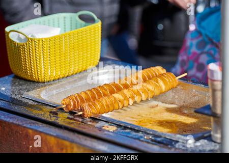 Cooked spiral fried potato, rich in fat and calories fast food, unhealthy but very delicious dish on street food festival. Close up spiral potato torn Stock Photo