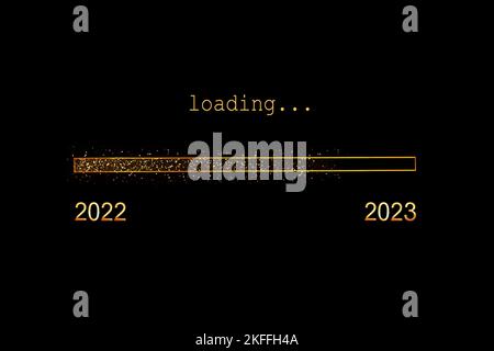 2023 loading, gold glitter progress bar on black background, new year holiday greeting card Stock Photo