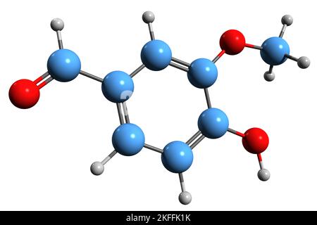 3D image of Vanillin skeletal formula - molecular chemical structure of phenolic aldehyde isolated on white background Stock Photo