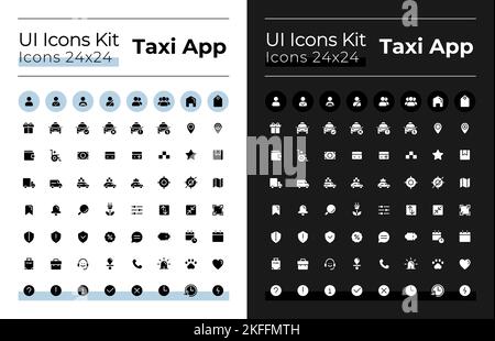 Taxi service glyph ui icons set for dark, light mode Stock Vector