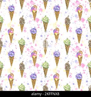 Waffle cones with ice cream with splashes of paint on a white background. Watercolor illustration. Seamless pattern from a large set of ICE CREAM. For Stock Photo