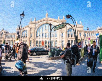 Hand drawn abstract painting on canvas with color texture of Ultra wide-angle view of French street with iconic tall building of Gare du Nord and metropolitan art deco signage large crowd of people commuting Stock Photo
